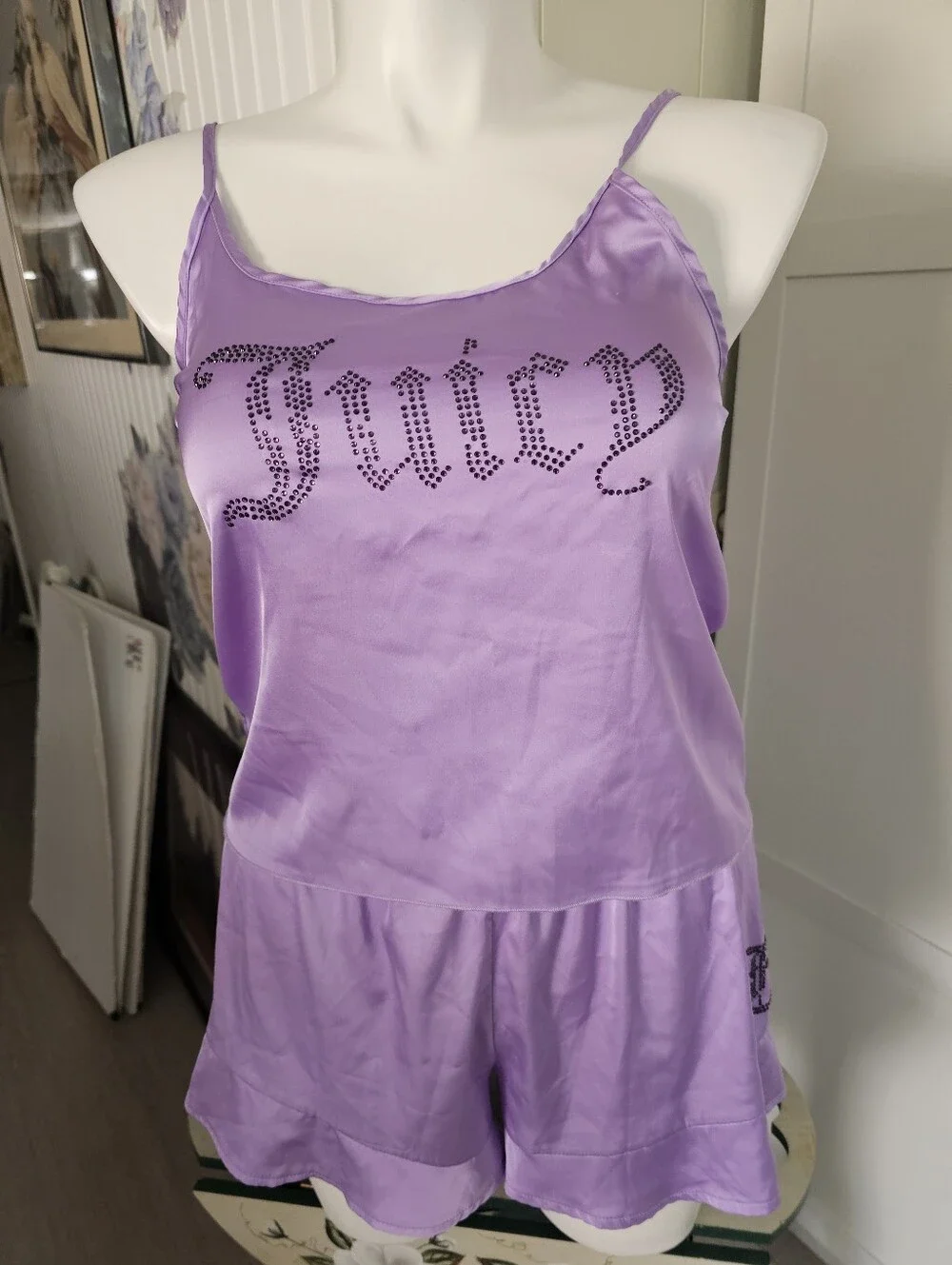 Juicy Couture Satin Pajama Set Cami Shorts Purple Rhinestone Bling Sleepwear Lg